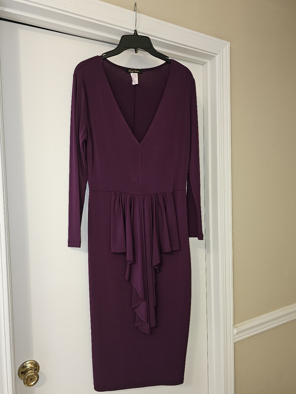 Plum Long-Sleeve V-Neck Midi Dress with Draped Front Detail